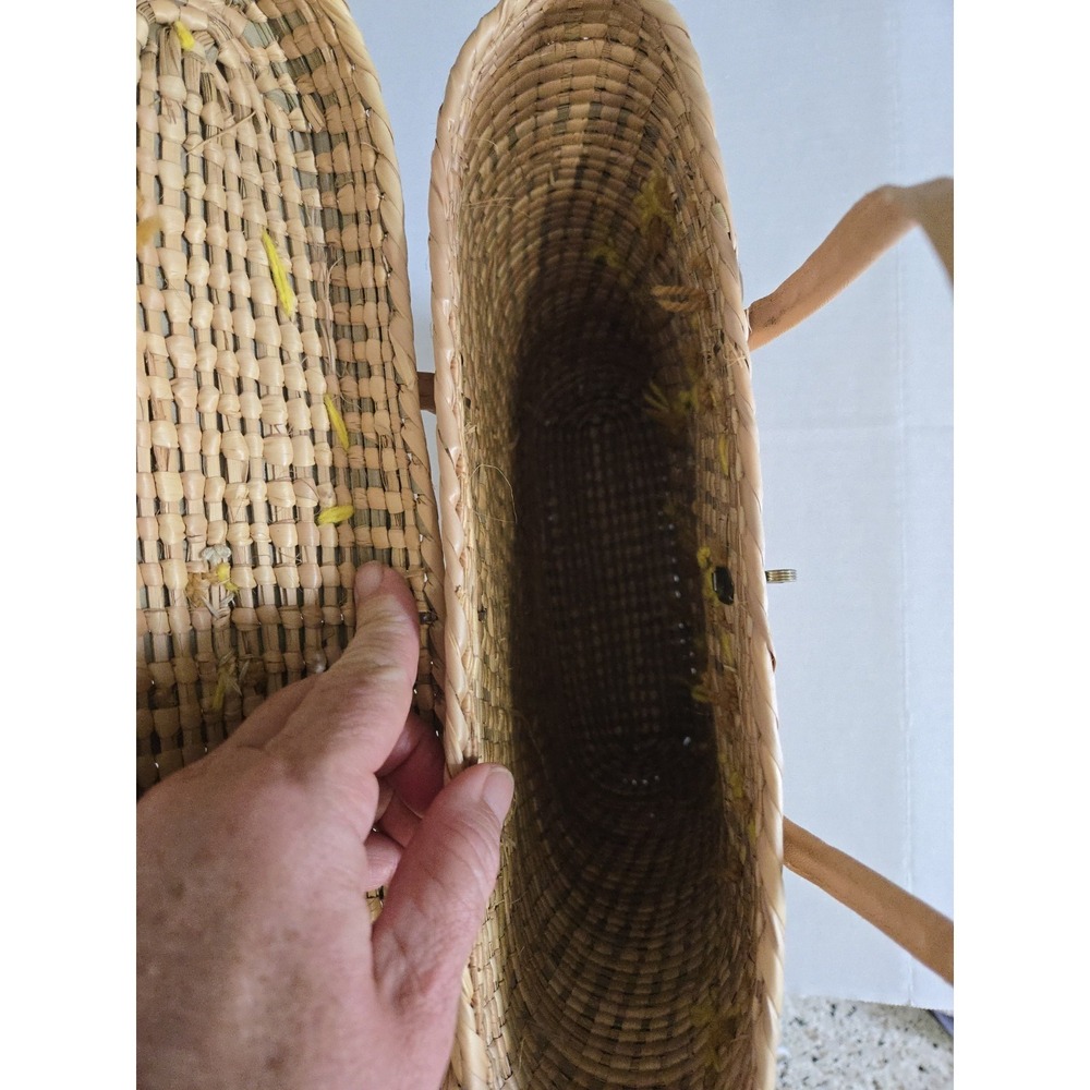 Vtg 1970s Woven Straw Leather Handbag 3D Flower Yarn Leaves MCM Boho Yellow Tan - Picture 9 of 13
